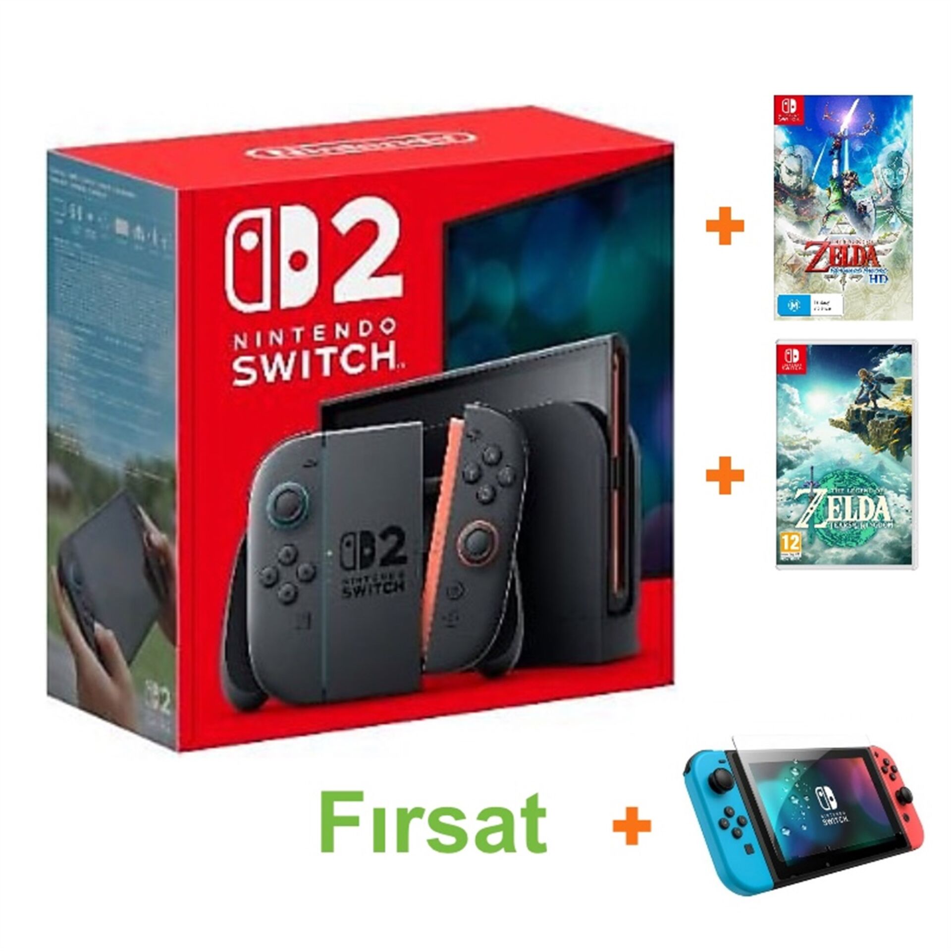 Nintendo Switch 2 Oyun Konsolu + Nintendo Switch The Legend Of Zelda Skyward Sword HD Oyun + Nintendo Switch The Legend Of Zelda Tears Of The Kingdom Oyun + Nintendo Switch 2 Temperli Cam 9h Ekran Koruyucu (İthalatçı Garantili)